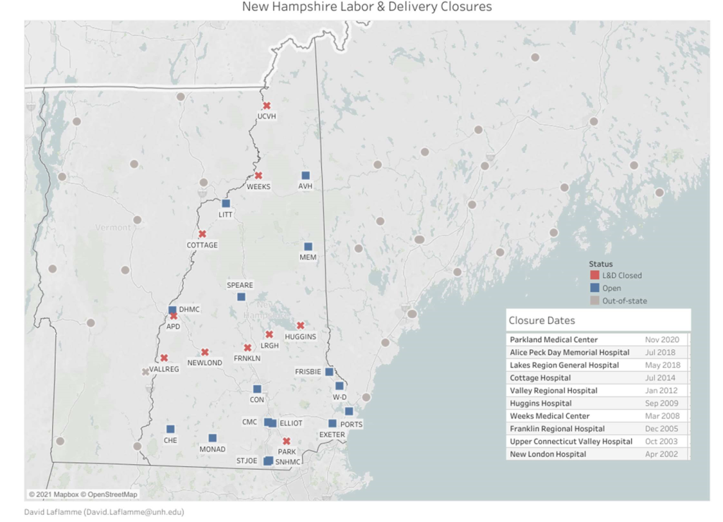 Figure 1: Labor and delivery center closures in New Hampshire community hospitals (2002- 2020)